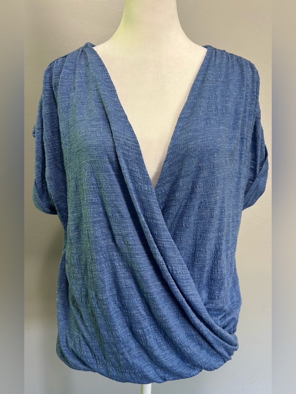 Relaxed Blue Wrap-Style Women's Blouse Soft Draping Low Neckline S